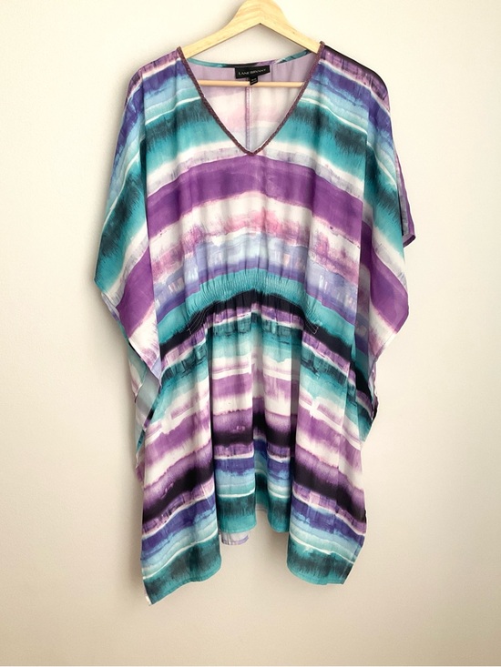 Lane Bryant Tops - Lane Bryant 18-20 Lavender and Teal Watercolor Stripe V neck Kimono Style Tunic